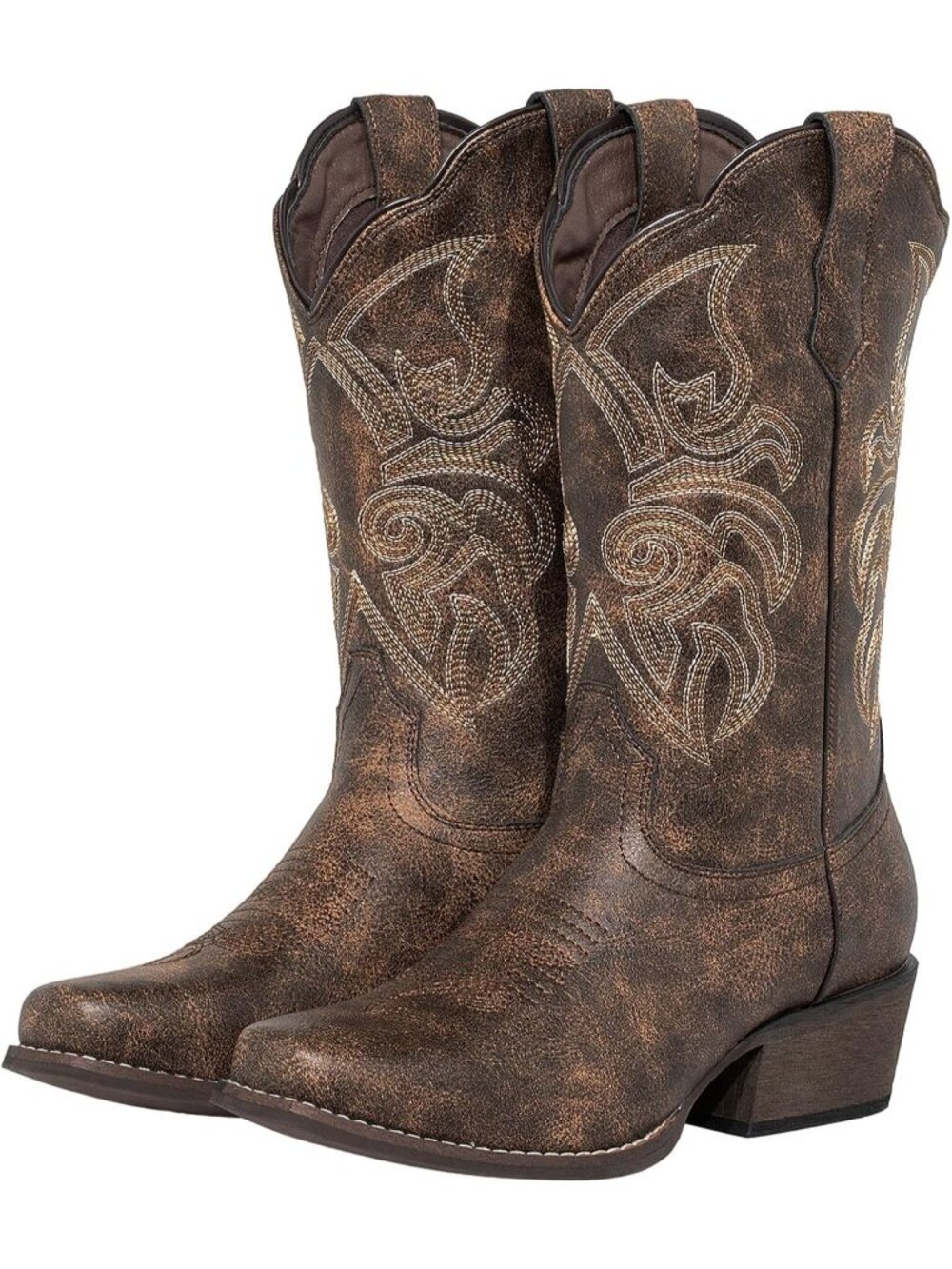 Women’s Brown Wide Calf Cowboy Boots Embroidered Square Toe Western Cowgirl